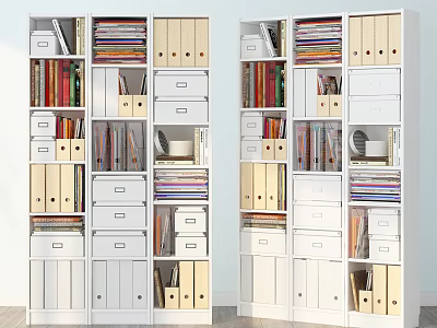 White Modern Bookcase With Multiple Compartments For Books Folders And Storage Boxes 3d model