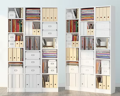 White Modern Bookcase With Multiple Compartments For Books Folders And Storage Boxes 3d model