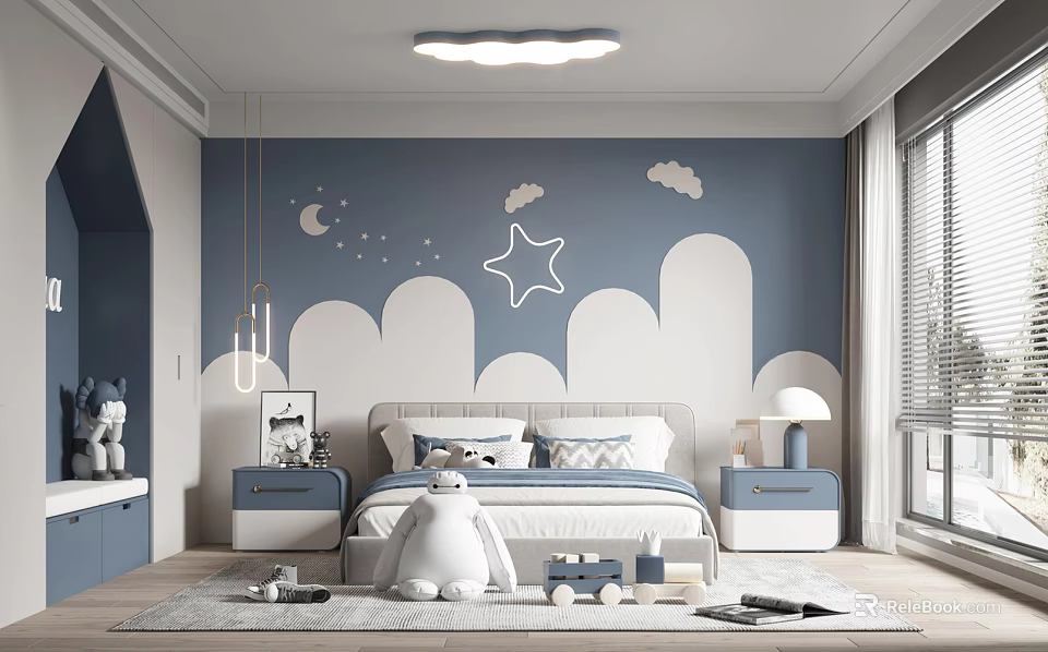 Cozy Kids Room With Blue Wall Cloud Star Moon Decorations White Furniture Toys And Rug 3d model 