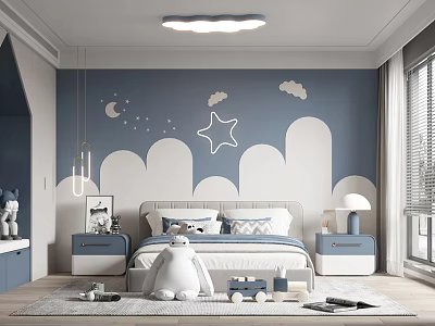 Cozy Kids Room With Blue Wall Cloud Star Moon Decorations White Furniture Toys And Rug 3d model