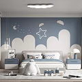 Cozy Kids Room With Blue Wall Cloud Star Moon Decorations White Furniture Toys And Rug
