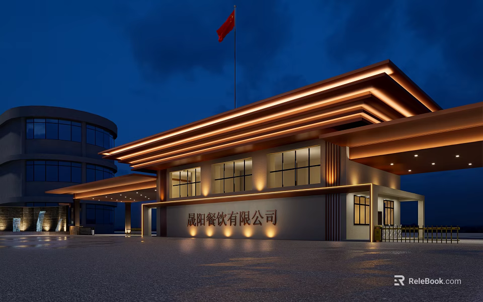 Modern Corporate Entrance Gate With Illuminated Lighting Red Flag And Front Plaza 3d model 
