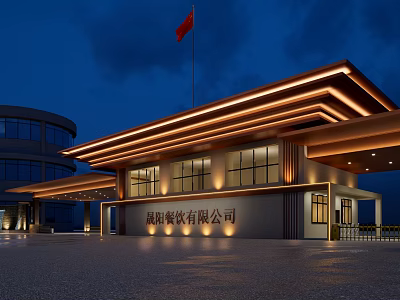 Modern Corporate Entrance Gate With Illuminated Lighting Red Flag And Front Plaza 3d model