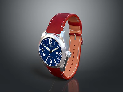 Stylish Watch With Red Leather Strap Silver Case Blue Dial And White Numbers Hands 3d model
