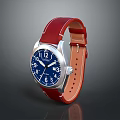 Stylish Watch With Red Leather Strap Silver Case Blue Dial And White Numbers Hands