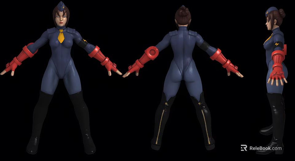 3D Female Model In Blue Bodysuit With Red Gloves Black Boots Front Back Views 3d model 