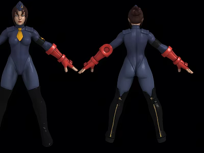 3D Female Model In Blue Bodysuit With Red Gloves Black Boots Front Back Views 3d model