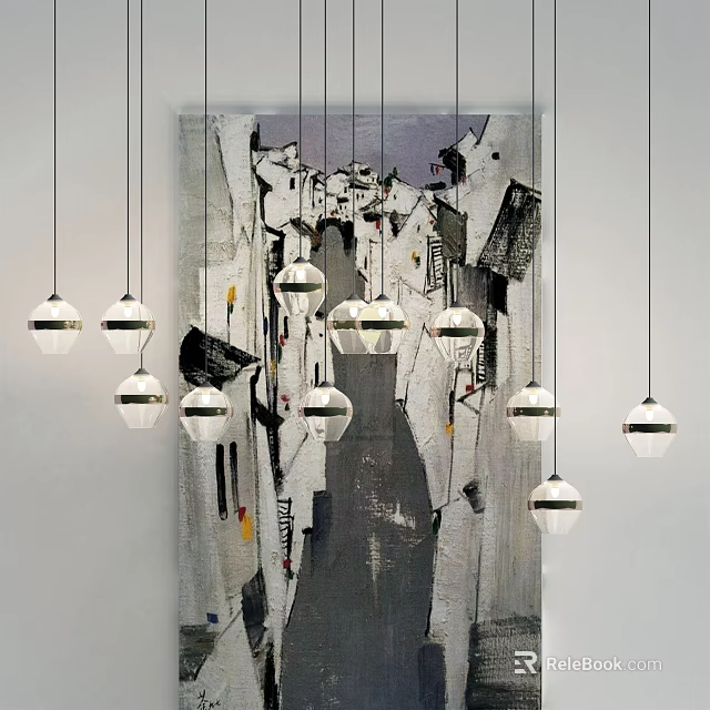 Modern Spherical Pendant Lights Hanging In Interior With Abstract Painting Background 3d model 