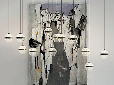 Modern Spherical Pendant Lights Hanging In Interior With Abstract Painting Background 3d model