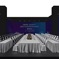 Formal Conference Room Setting With Long Table White Chairs And Blue Backdrop 3d model