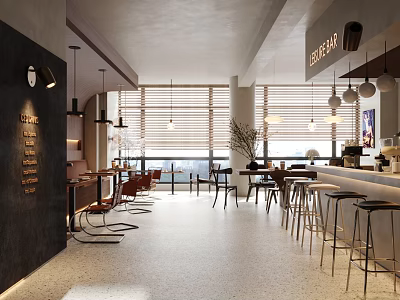 Modern Café Interior With Open Space Large Windows Blinds Bar Counter Stools And Pendant Lights 3d model