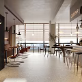Modern Café Interior With Open Space Large Windows Blinds Bar Counter Stools And Pendant Lights