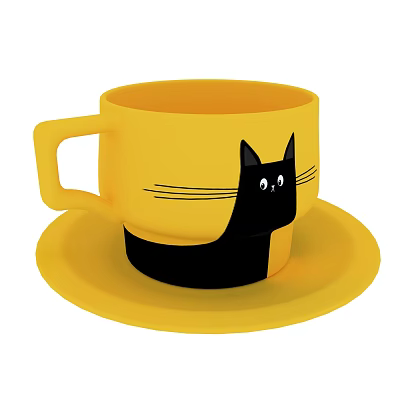 Yellow Cup With Black Cat Design And Matching Saucer 3d model