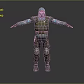 3D Tactical Character With Green Vest Blue Arm Guards Camouflage Pants Knee Pads Gray Background