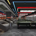 Modern Billiard Room With Multiple Pool Tables Grey Lounge Chairs And Colorful Ceiling Lights