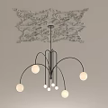 Elegant Chandelier With Spherical Bulbs And Black Curved Metal Frame On Carved Ceiling