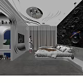 Modern Hotel Guest Room With Unique Ceiling Rock Texture Wall Planet Decoration And Large Bed
