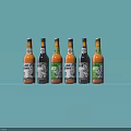 Six Beer Bottles With Various Labels On Light Blue Background 3d model