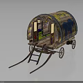 Vintage Covered Wagon With Hand Painted Blue Animal Design And Wooden Structure