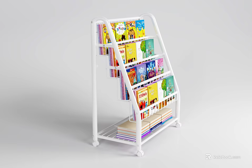 White Mobile Multi Tier Bookshelf Filled With Colorful Children Books for Kids Room 3d model 