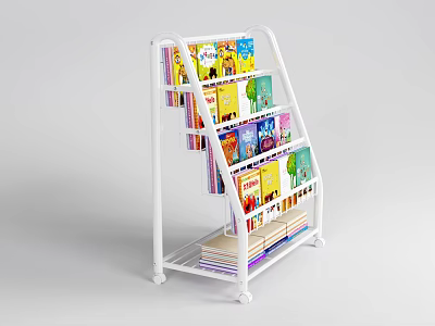White Mobile Multi Tier Bookshelf Filled With Colorful Children Books for Kids Room 3d model