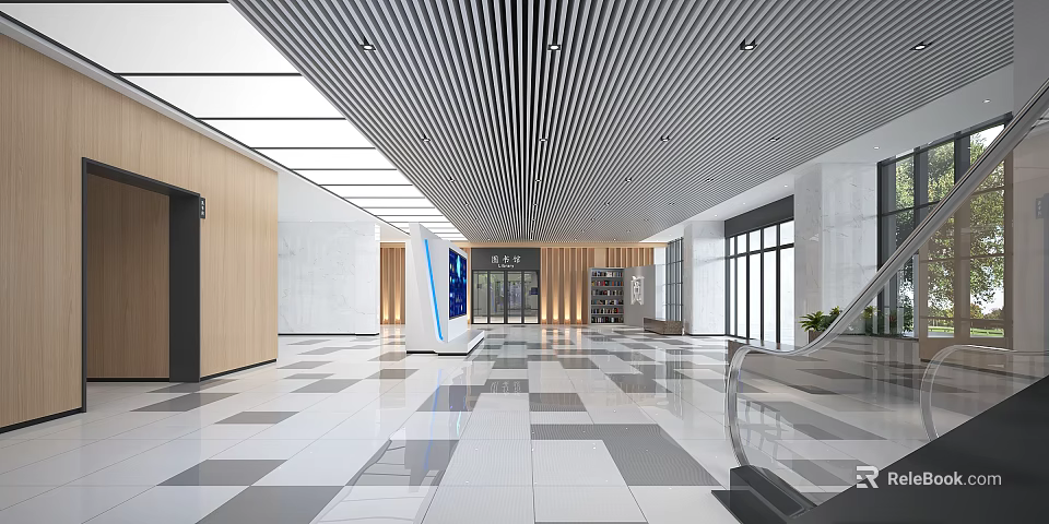 Modern Service Hall Interior With Spacious Area Striped Ceiling And Geometric Tiles 3d model