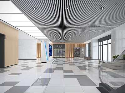 Modern Service Hall Interior With Spacious Area Striped Ceiling And Geometric Tiles 3d model