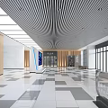 Modern Service Hall Interior With Spacious Area Striped Ceiling And Geometric Tiles 3d model