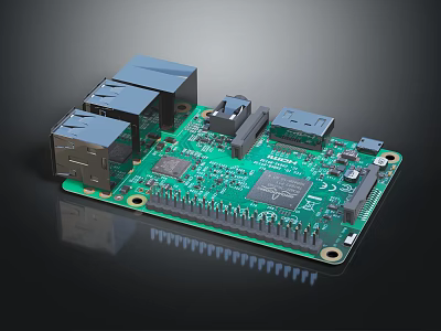 Green Electronic Circuit Board With Microchip Ports Components And Parts 3d model