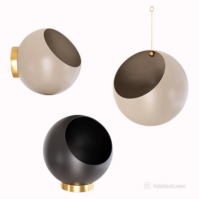 Modern Spherical Vases In Cream White And Black With Gold Accents For Home Decor 3d model 