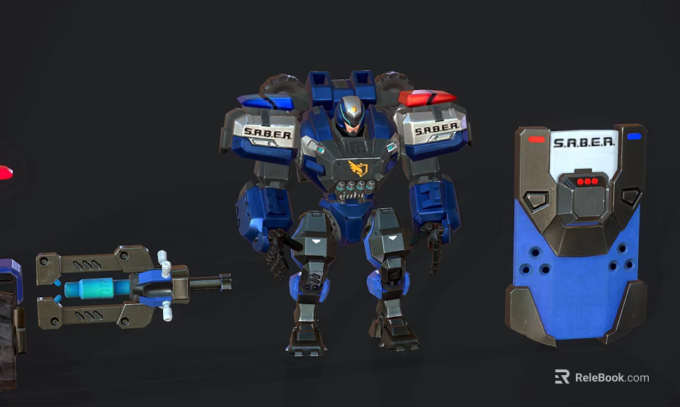 Blue And Black Mechanical Safety Robot With Tool Equipment And Control Panel Design 3d model 