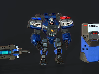 Blue And Black Mechanical Safety Robot With Tool Equipment And Control Panel Design 3d model