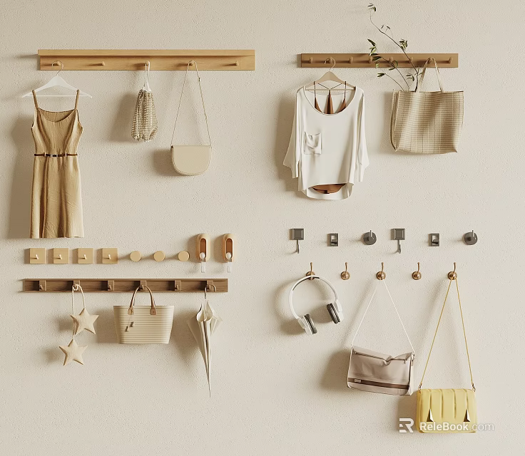 Wooden Wall Hooks Organize Bags Clothes Accessories 3d model 