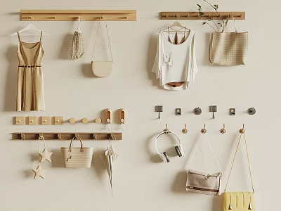 Wooden Wall Hooks Organize Bags Clothes Accessories 3d model