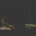 Vintage Watercraft Featuring Damaged Boat Wreckage And Intact Sailing Vessel With Mast