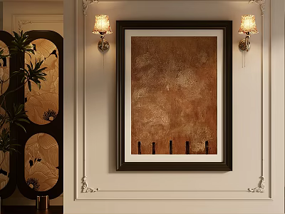 Abstract Painting on Wall with Black Frame Brown Tones Wall Sconces White Background Interior Decor 3d model