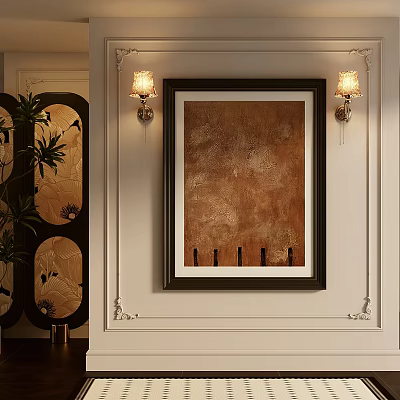 Abstract Painting on Wall with Black Frame Brown Tones Wall Sconces White Background Interior Decor 3d model