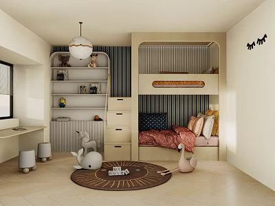 Playful Kids Room Interior With Bunk Bed Desk Bookshelf And Cozy Decor 3d model
