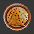Golden Brown Stuffed Flatbread With Charred Spots On Red Ceramic Plate