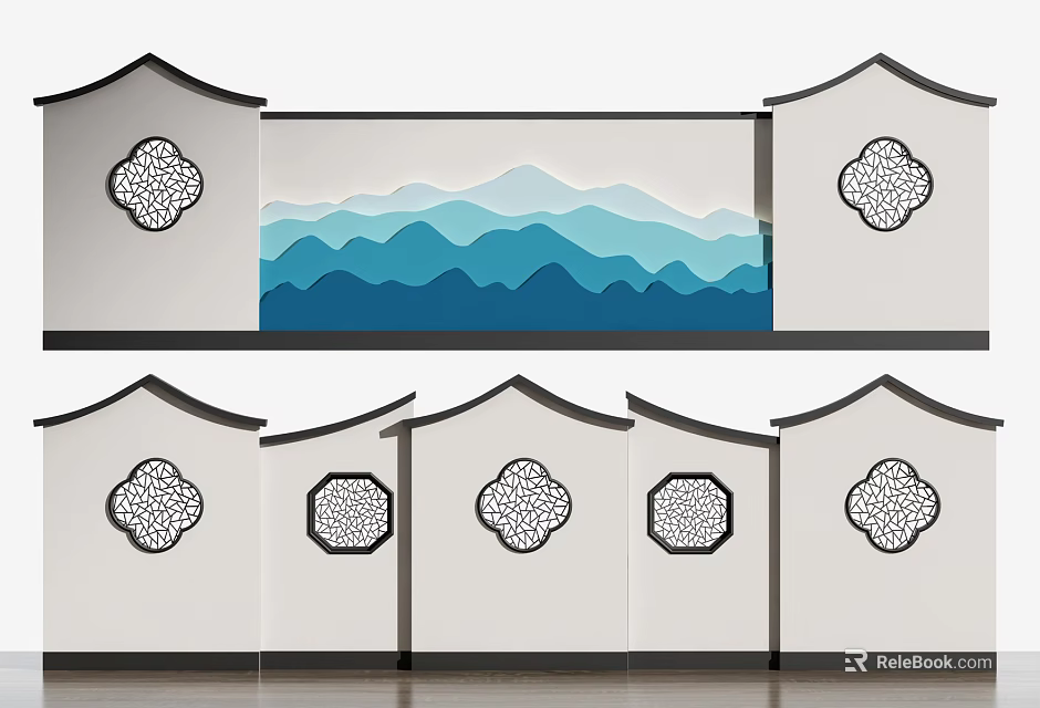 Chinese Style Scenic Wall With Layered Mountain Pattern Circular Openwork And Eave Design 3d model 