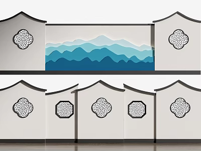 Chinese Style Scenic Wall With Layered Mountain Pattern Circular Openwork And Eave Design 3d model