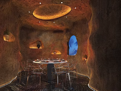 Unique Private Room Interior With Woven Texture Walls Round Dining Table Transparent Chairs And Arched Window 3d model