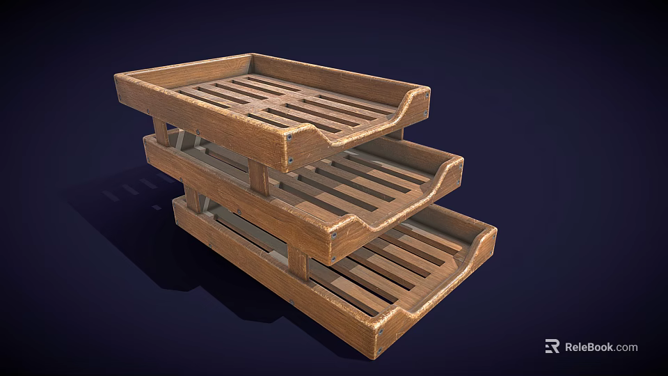 Three Tiered Open Wooden Bookshelf With Slatted Shelves And Simple Design 3d model 
