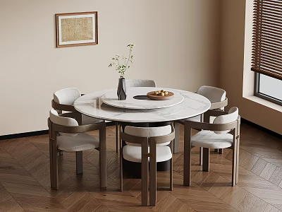 Modern Round Dining Table Set with Six Chairs Vase Bowl Beige Wall and Wood Floor 3d model