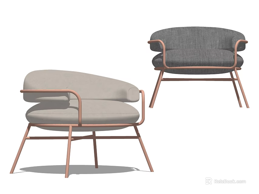 Modern Upholstered Light Gray and Dark Gray Armchairs with Rose Gold Metal Legs Design 3d model 