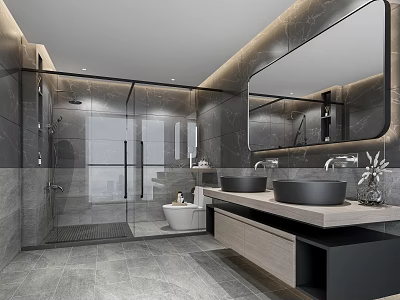 Modern Bathroom Interior With Gray Marble Walls Double Sinks Large Mirror And Shower Area 3d model