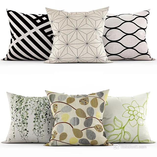 Decorative Throw Pillows with Black White Geometric and Colorful Floral Patterns 3d model 