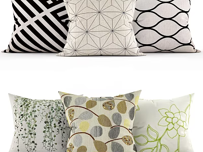 Decorative Throw Pillows with Black White Geometric and Colorful Floral Patterns 3d model