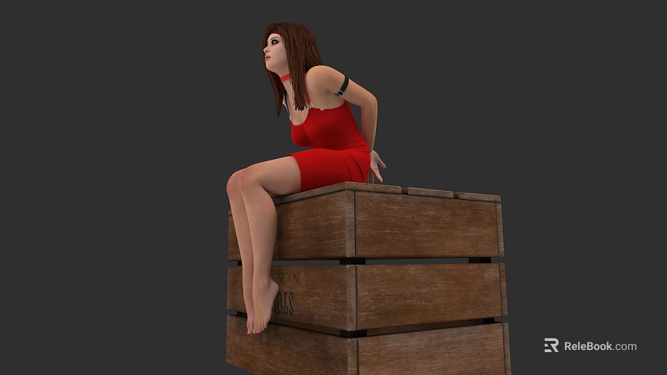 Woman In Red Dress Sitting On Stacked Wooden Crates With Brown Hair 3d model 