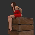 Woman In Red Dress Sitting On Stacked Wooden Crates With Brown Hair